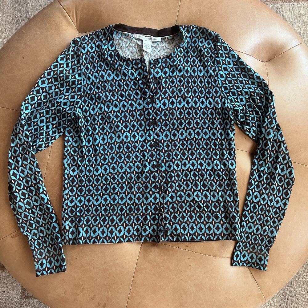 Vintage Y2K DVF 100% Wool Cardigan Sweater Funky Geometric Blue Brown Mod Phoebe